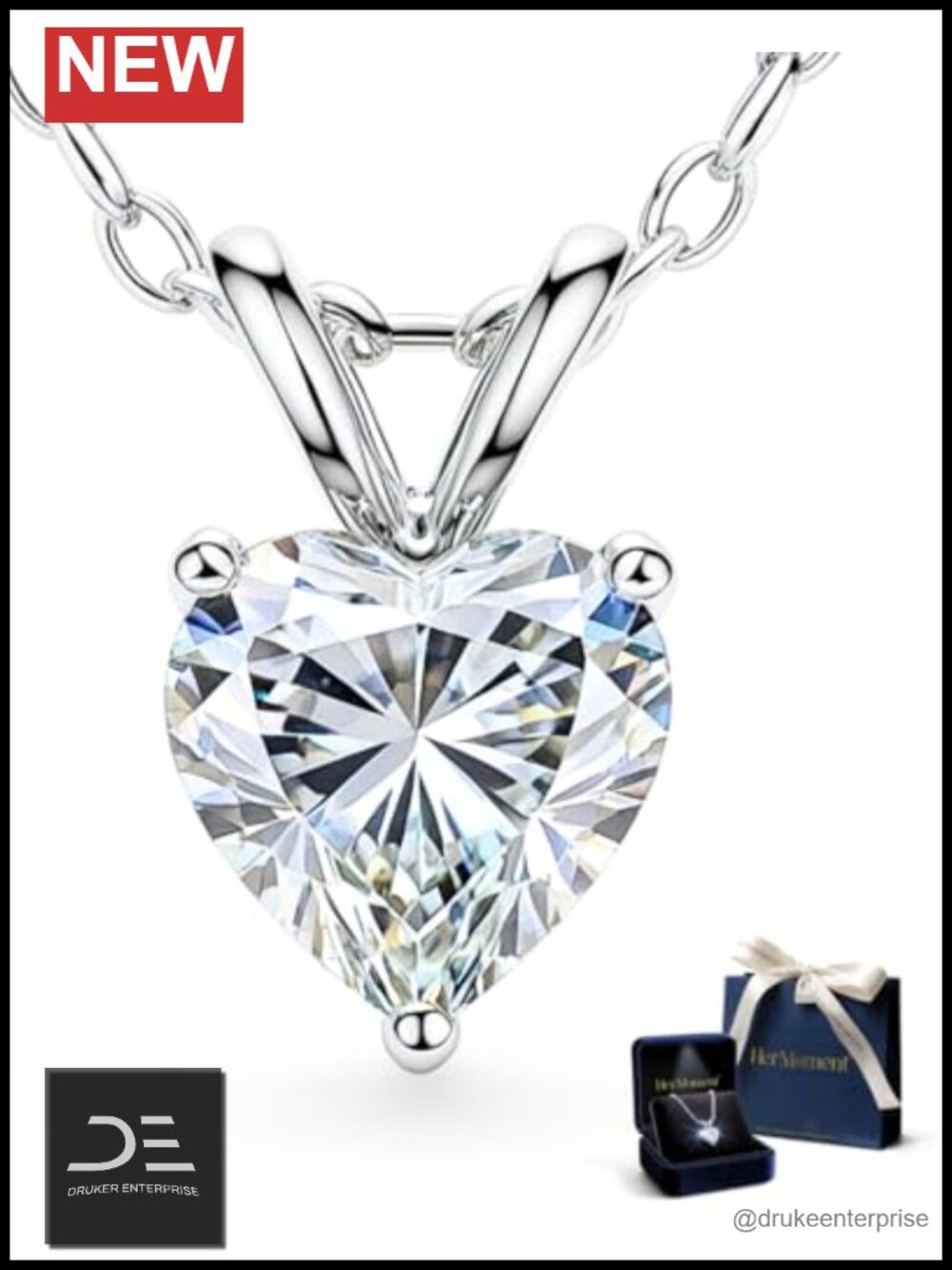 Moissanite Solitaire Heart Pendant Necklace, 18K White Gold Plated Sterling
